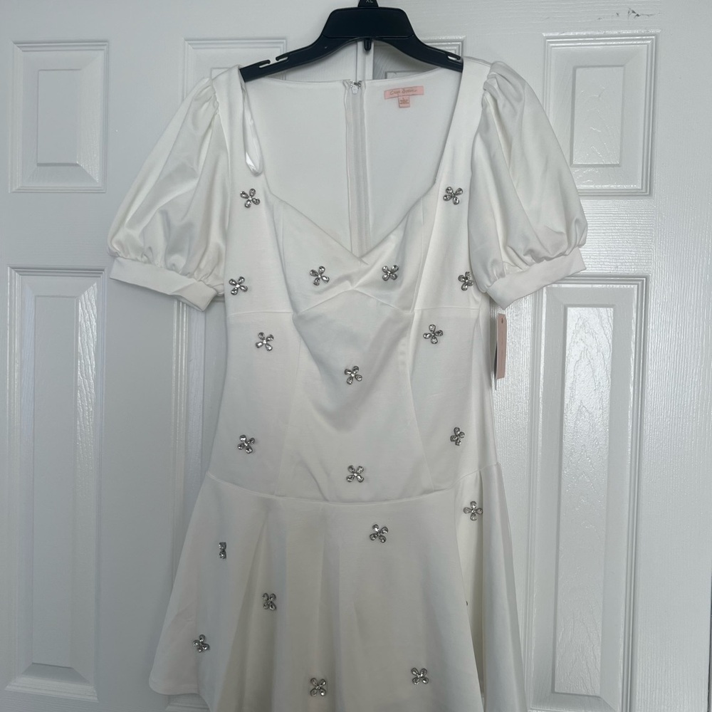 Macy's White Puff-Sleeve Mini Dress with Crystal Floral Appliqués